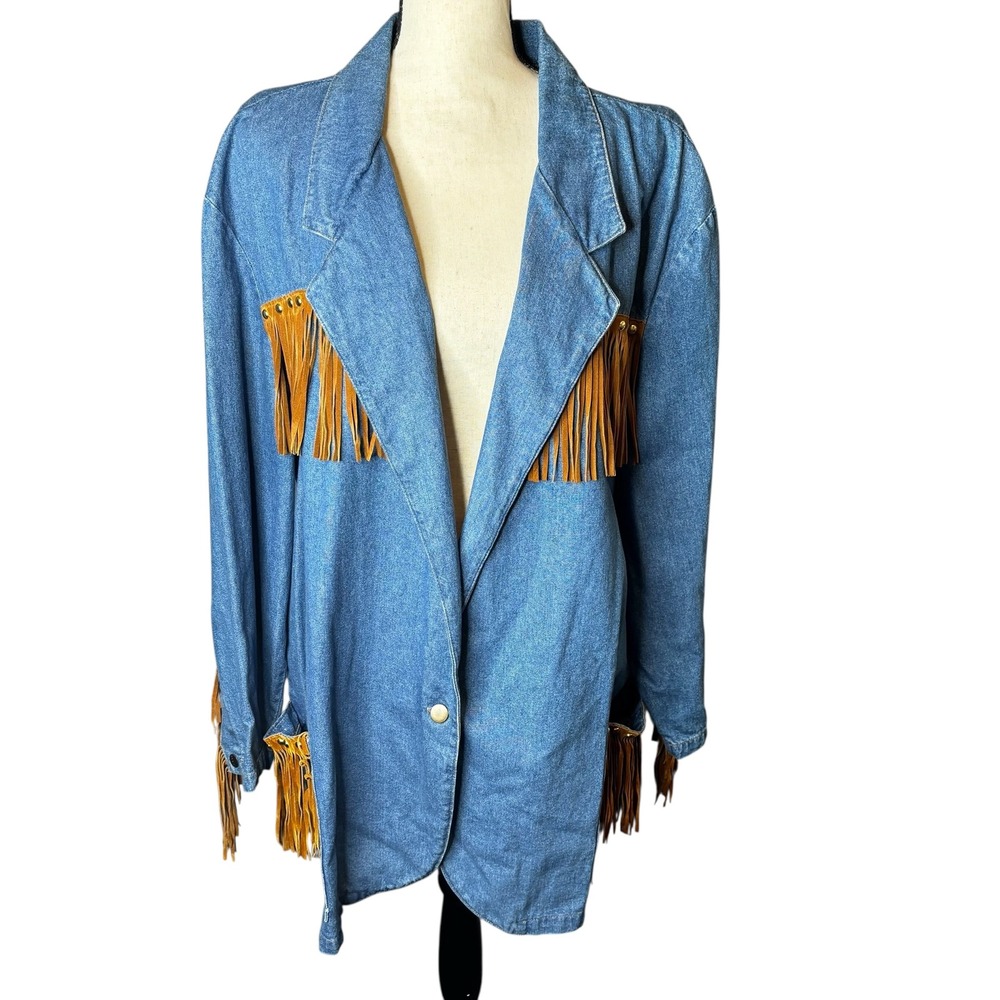 Fringed Denim Oversized Jacket - Blue with Tan Accents